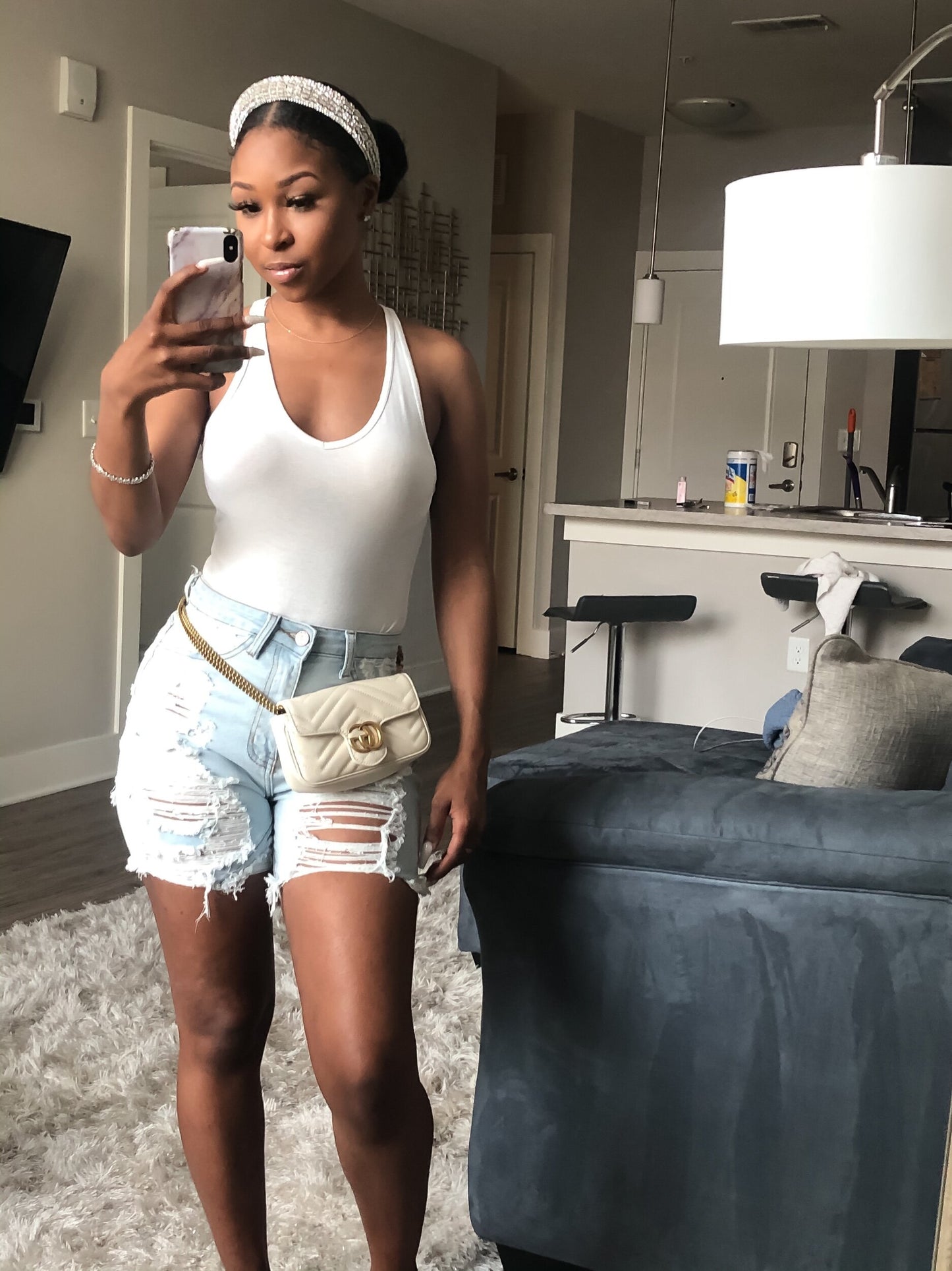 Distressed jean shorts