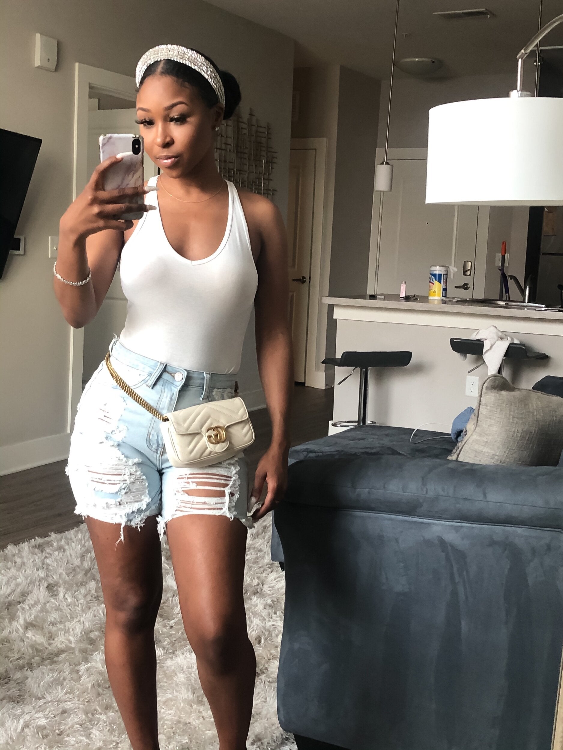 Distressed jean shorts